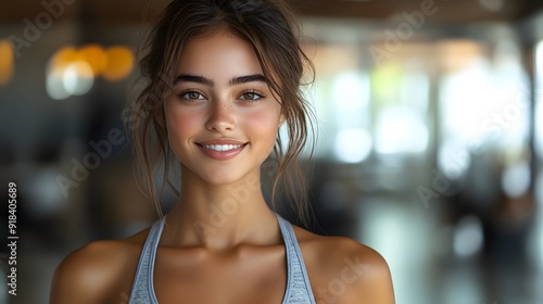 A young fitness woman in a minimalistic sports bra, showing a gentle smile, isolated on transparent background Free Download A young fitness woman in a minimalistic sports bra, showing a gentle smile, isolated on transparent background - GFXLoad