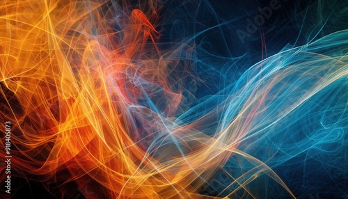 Colorful swirling smoke patterns in blue and orange against a dark background