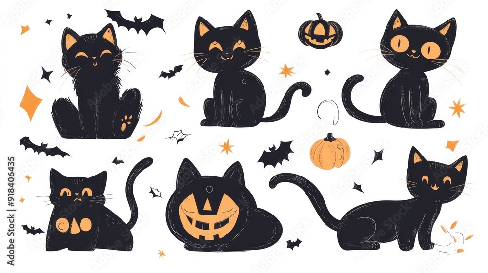 Cute Halloween Cats Wearing Witch Costume for Graphic Designer Set-Bundle Kittens Cute Halloween Cats Wearing Witch Costume for Graphic Designer Set-Bundle Kittens