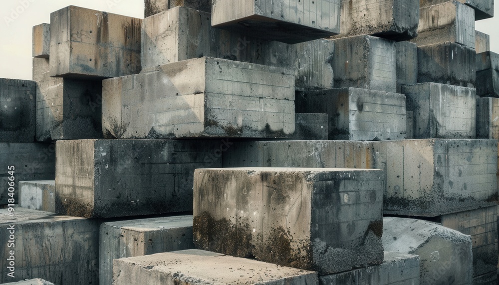 Stacked concrete blocks at an industrial site during early morning light Stacked concrete blocks at an industrial site during early morning light