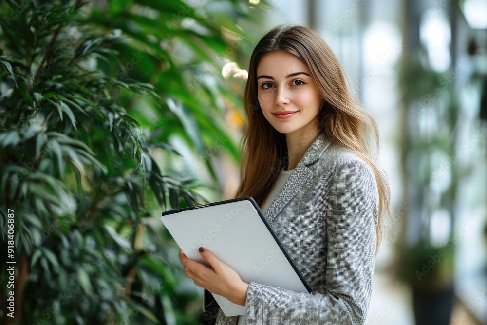 Portrait of a Smiling Woman Holding a Tablet in a Modern Office Setting Portrait of a Smiling Woman Holding a Tablet in a Modern Office Setting