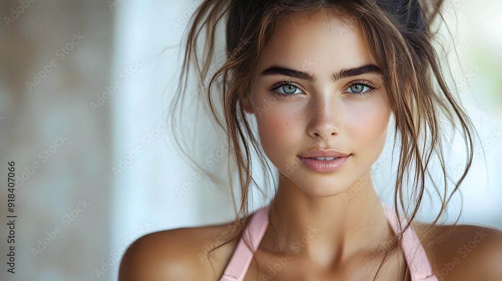 A beautiful young fitness woman in a pastel-colored sports bra, gazing softly at the camera, on a white background A beautiful young fitness woman in a pastel-colored sports bra, gazing softly at the camera, on a white background