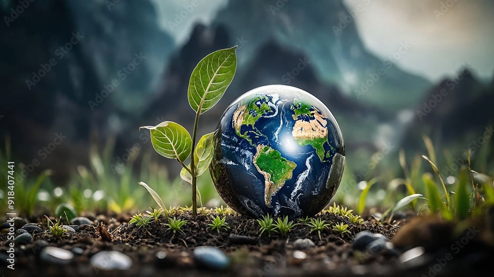 Earth on Soil with Plant and Mountains Background Earth on Soil with Plant and Mountains Background