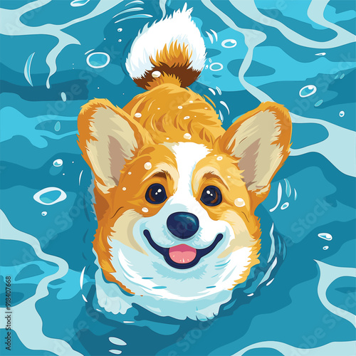 Cheerful corgi enjoying a swim, surrounded by waves.
