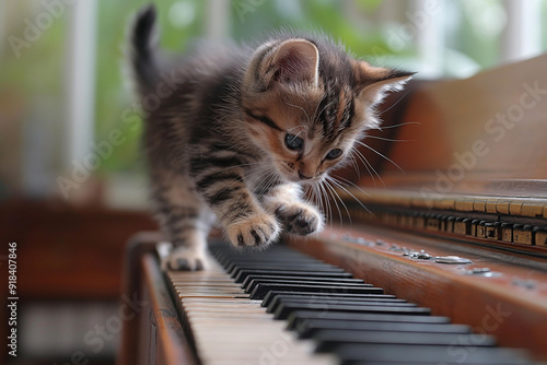 Cute little kitten playing on the piano in the living room, cute kitty cat wallpaper, generative ai