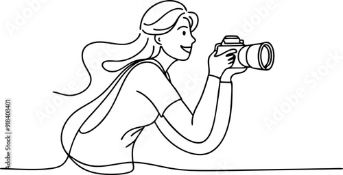 continuous single line drawing of woman with DSLR camera taking pictures, line art vector illustration