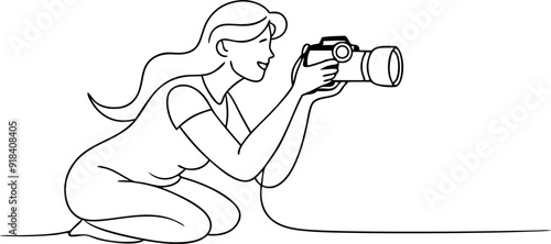 continuous single line drawing of woman with DSLR camera taking pictures, line art vector illustration