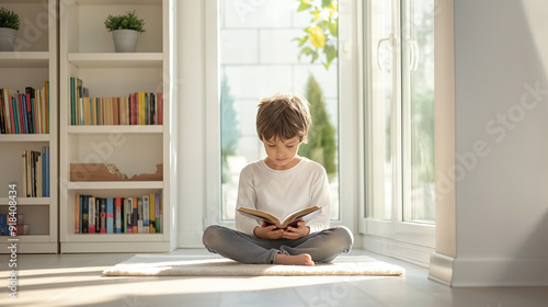 Young boy reading a book in a bright cozy room with natural light