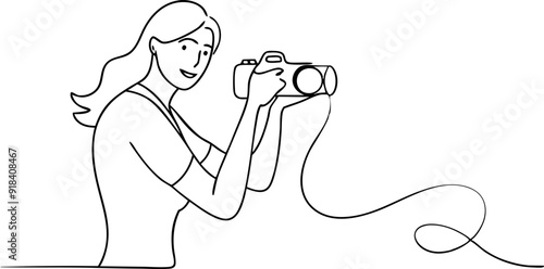 continuous single line drawing of woman with DSLR camera taking pictures, line art vector illustration
