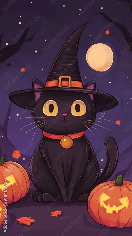 Vertical portrait of Halloween cat in a witch costume on a dark background. Scottish cat lying on a large pumpkin with a jack-o-lantern face. Vertical portrait of Halloween cat in a witch costume on a dark background. Scottish cat lying on a large pumpkin with a jack-o-lantern face.