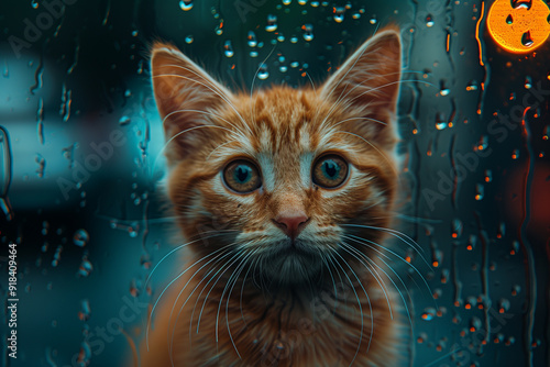 Cute ginger kitten looking through the wet window in rainy day, cute kitty cat background, generative ai