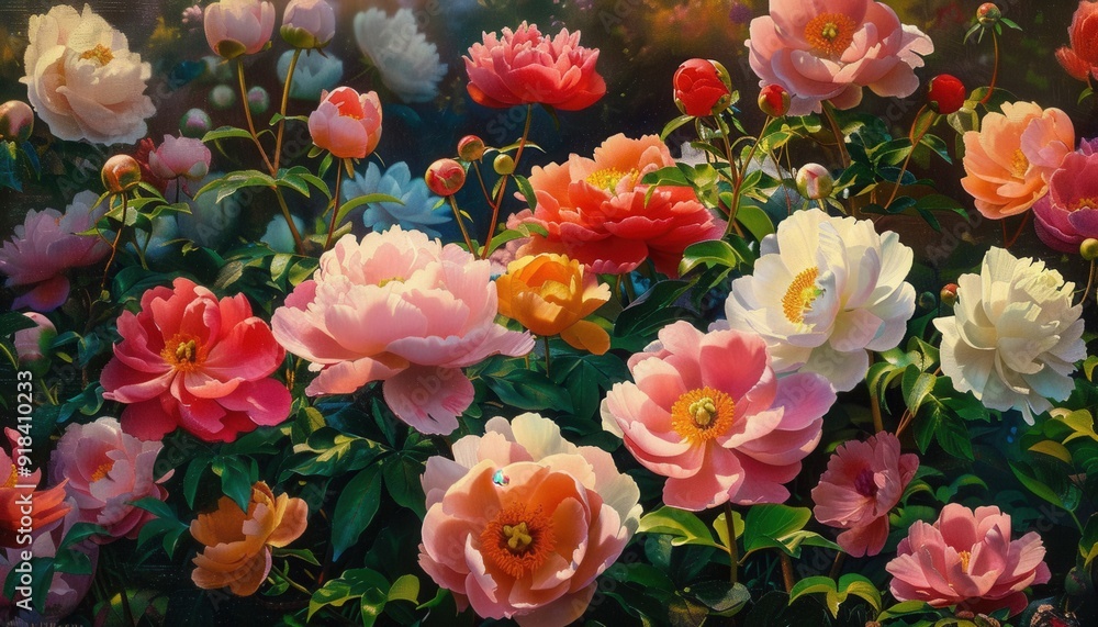 Vibrant garden filled with blooming peonies showcasing a colorful array of pink, red, and white flowers in a sunny afternoon setting Vibrant garden filled with blooming peonies showcasing a colorful array of pink, red, and white flowers in a sunny afternoon setting
