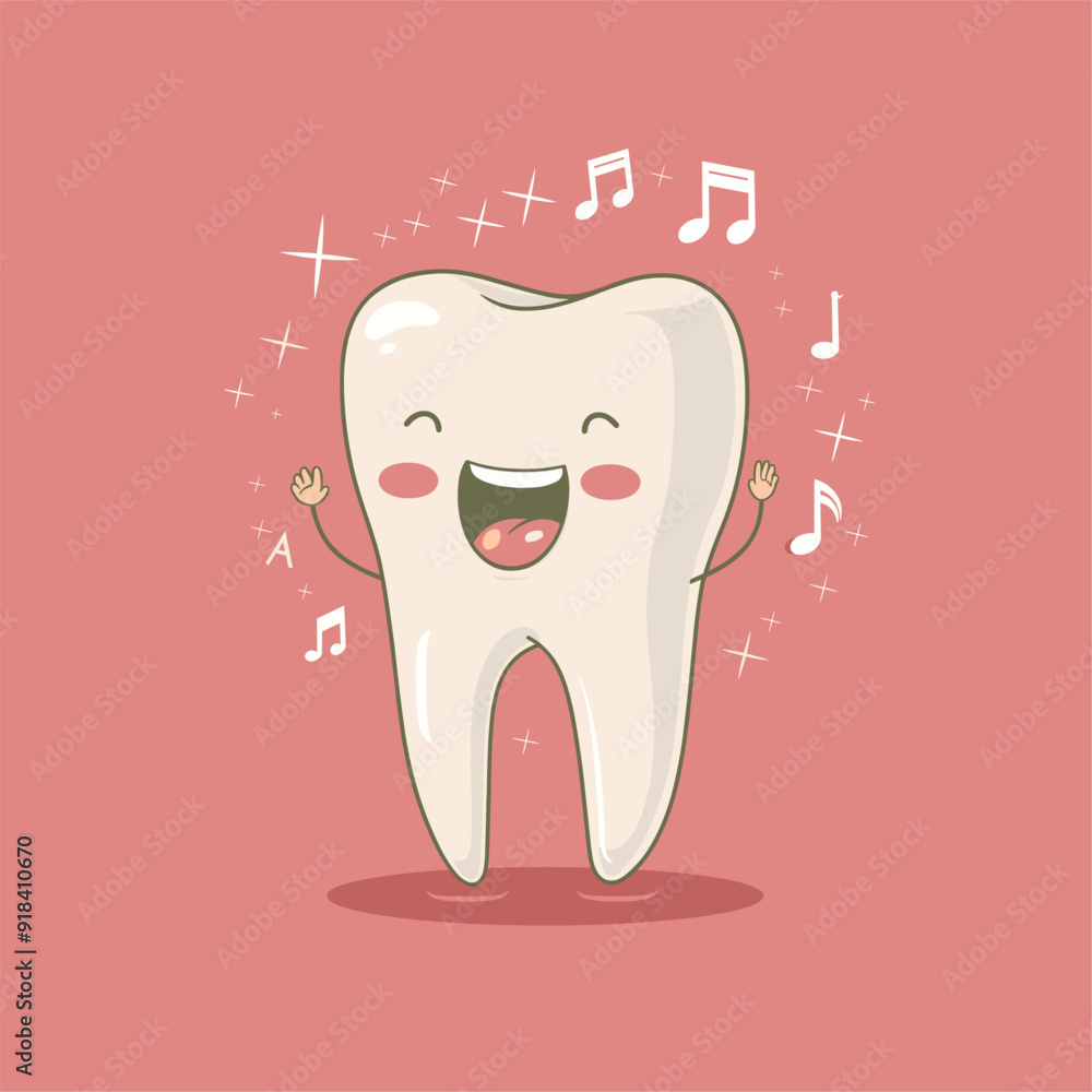 Cute tooth singing with musical notes around it.
Cute tooth singing with musical notes around it.