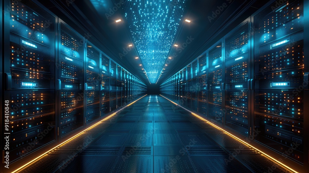 Data center. Servers for processing and storing information. A corridor of digital supercomputers. Polygonal construction of connected lines and points. Blue background Data center. Servers for processing and storing information. A corridor of digital supercomputers. Polygonal construction of connected lines and points. Blue background