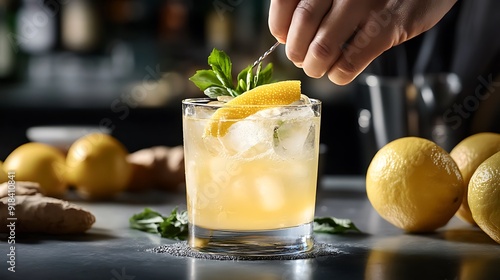 Hand Stirring a Cold Citrus Drink with Ice and Lemon Garnish photo