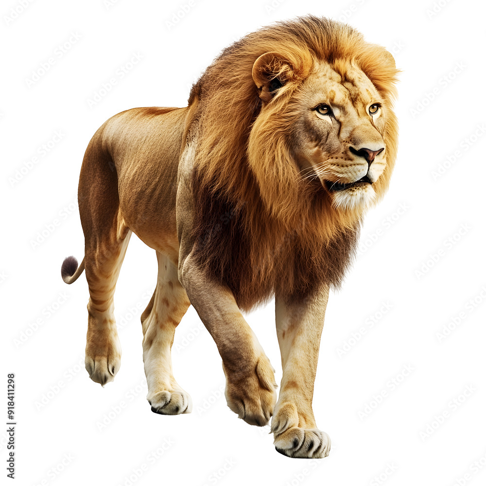 Obraz premium Majestic lion walking in studio with white background,high detail portrait of large male predator transparent png