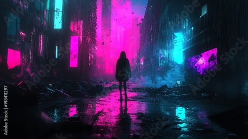 A lone figure stands in a neon-lit futuristic cityscape with vibrant colors, evoking a sense of mystery and cyberpunk atmosphere.