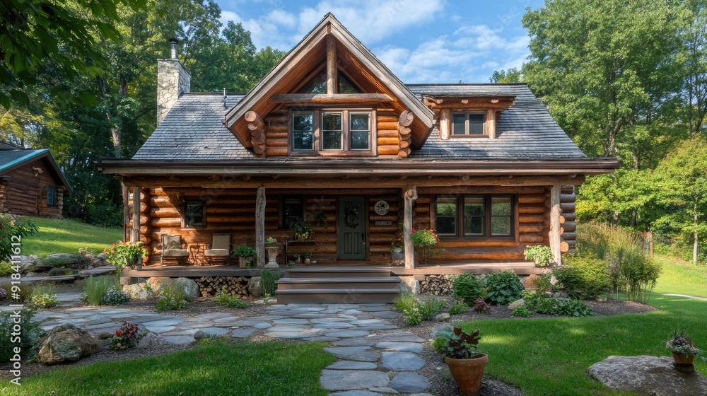 Charming log cabin with a rustic exterior and clear area for copy Charming log cabin with a rustic exterior and clear area for copy