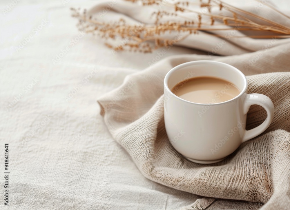 Warm Cup of Coffee on Cozy Textured Throw in Natural Light Warm Cup of Coffee on Cozy Textured Throw in Natural Light
