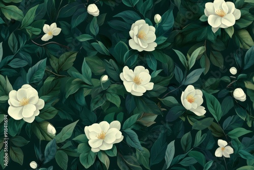 Delicate white blossoms amidst lush green foliage.