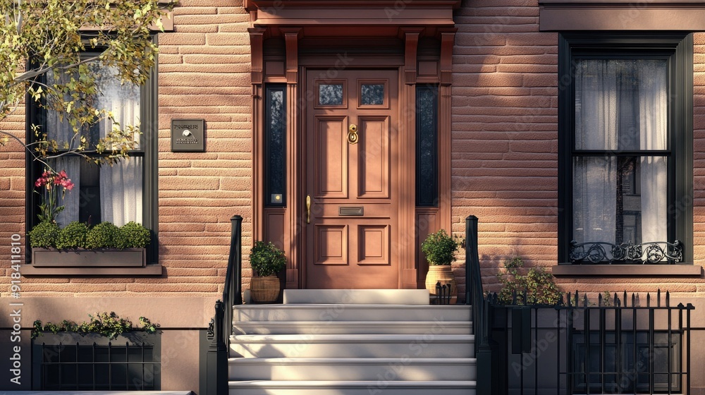 Fotografie Classic brownstone building with a charming stoop and room for adding text