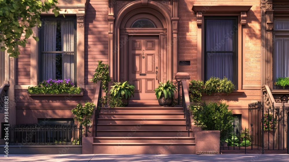 Fototapeta premium Classic brownstone building with a charming stoop and room for adding text