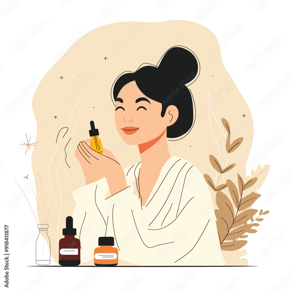 Happy woman holding a dropper bottle of essential oil.
Happy woman holding a dropper bottle of essential oil.