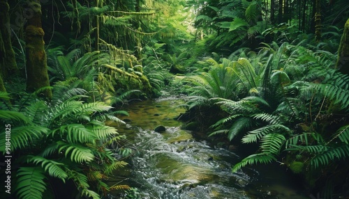 A tranquil stream flows through a lush green forest filled with ferns during daylight hours