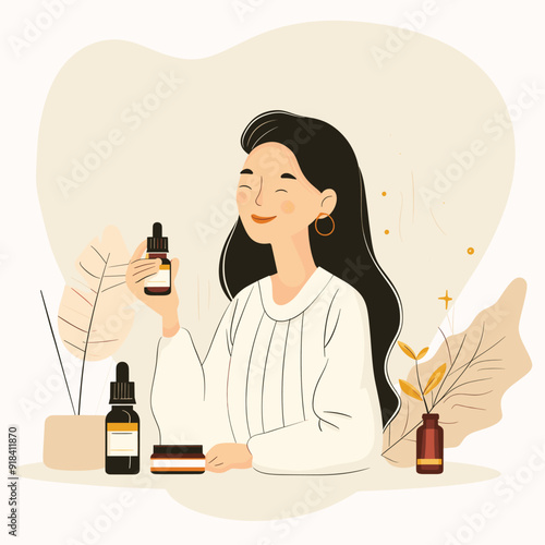 Happy woman holding a dropper bottle of essential oil.
