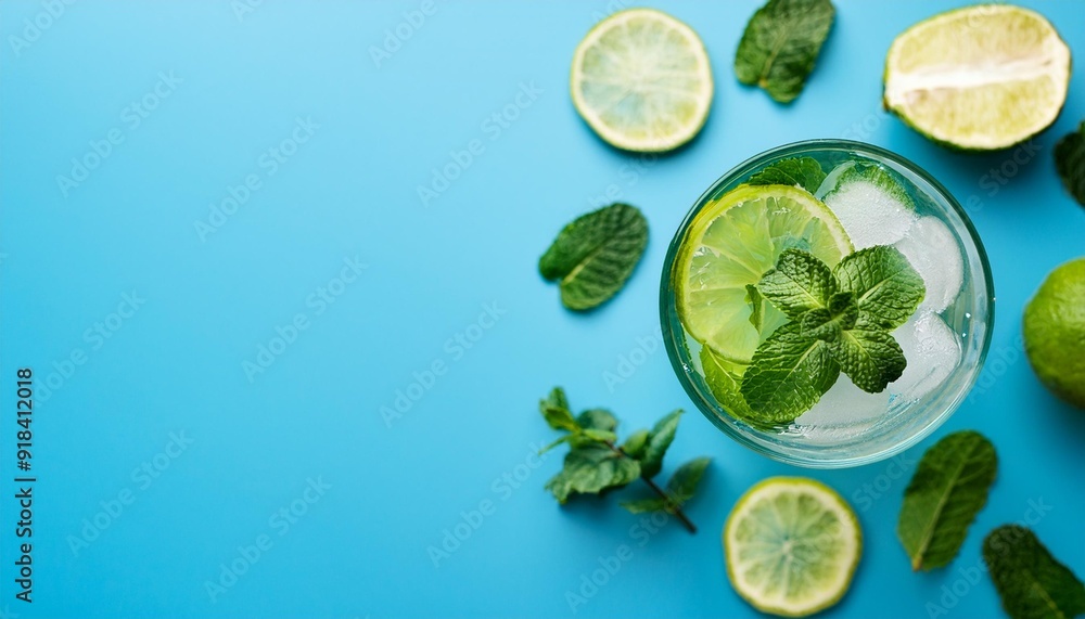 Summer coctail or mocktail mojito with lime and mint leaf on blue background, copy space, vertical, top view Summer coctail or mocktail mojito with lime and mint leaf on blue background, copy space, vertical, top view