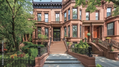 Classic brownstone building with a spacious front stoop and room for copy