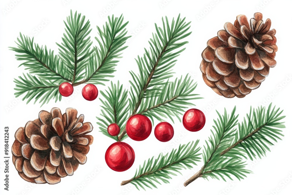 Fototapeta premium Pine branches, pine cones and red berries watercolor illustration.