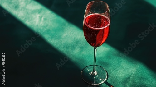 A glass of Kir Royale with black currant liqueur and prosecco, highlighted by hard light and shadow patterns on a dark green backdrop. photo