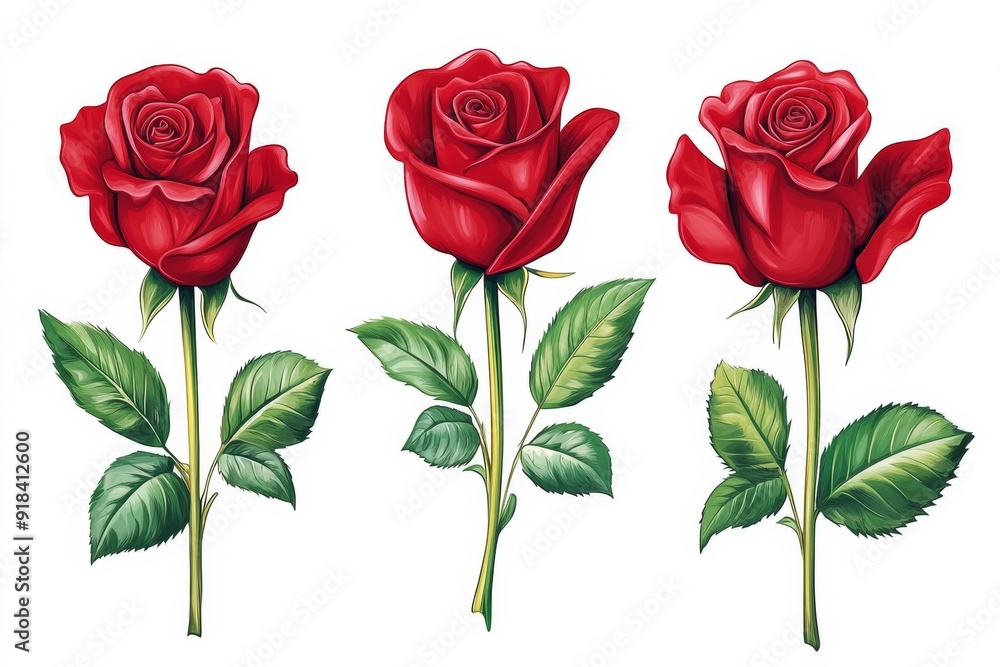 Three vibrant red roses with green leaves. Three vibrant red roses with green leaves.