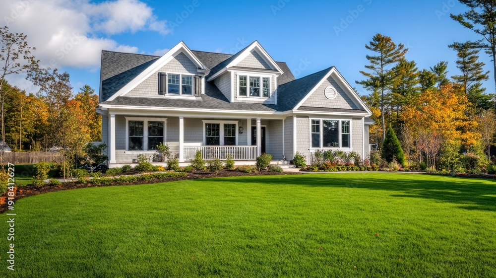 Classic Cape Cod-style house with a neat front yard and room for text Classic Cape Cod-style house with a neat front yard and room for text