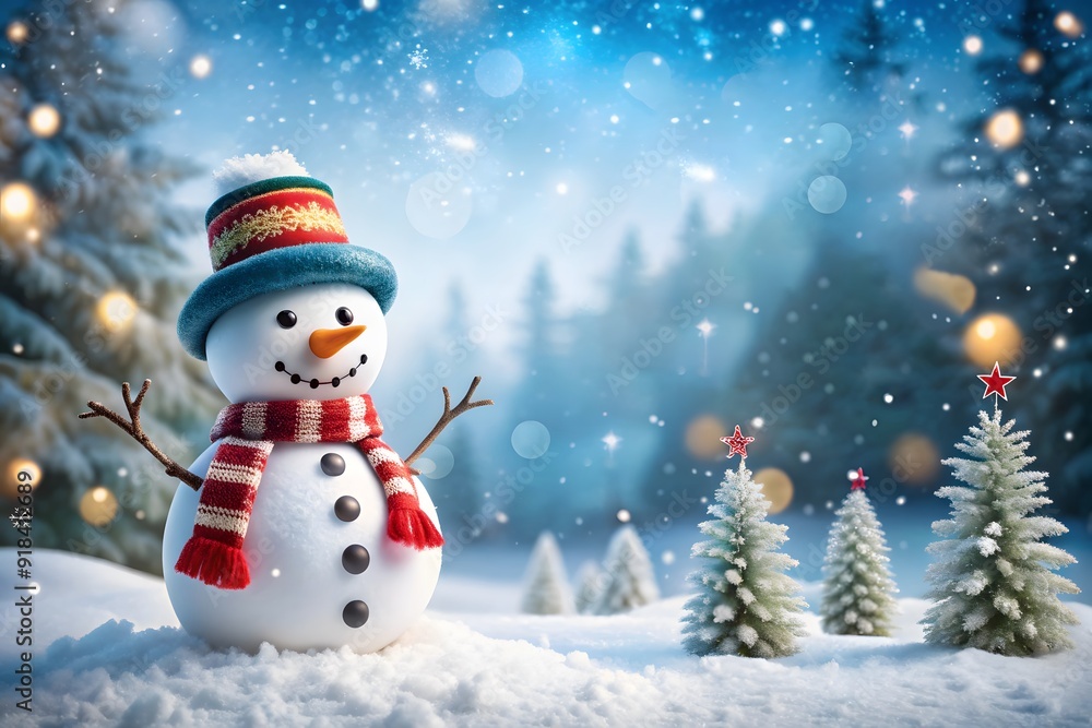 Little knitted snowman on the white snow on blue background.
Little knitted snowman on the white snow on blue background.