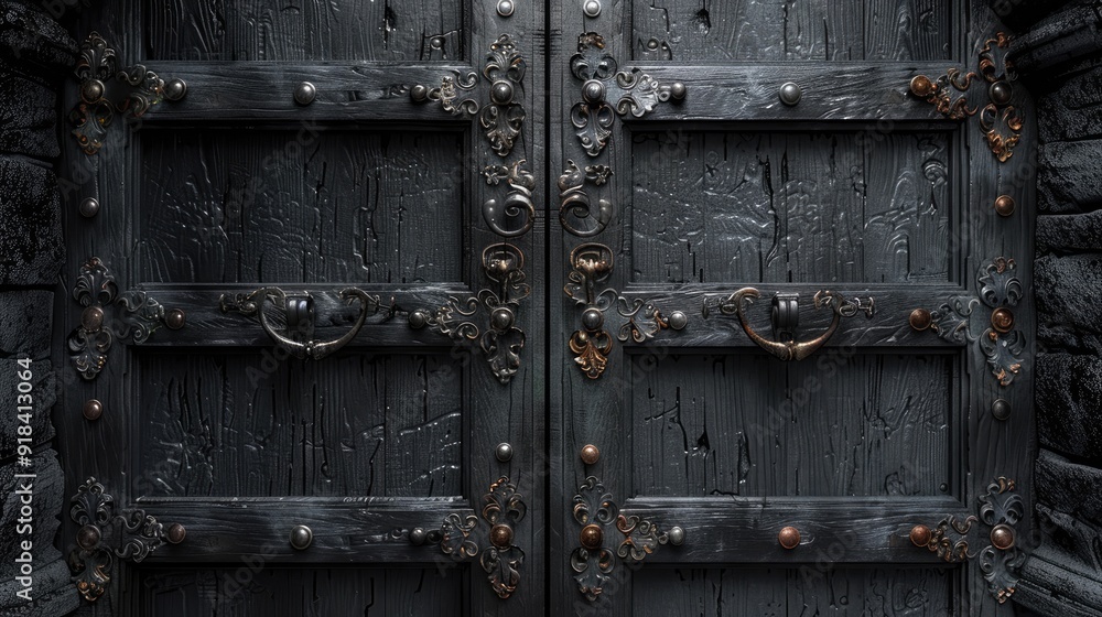 Dark wooden door with antique metal handles Dark wooden door with antique metal handles