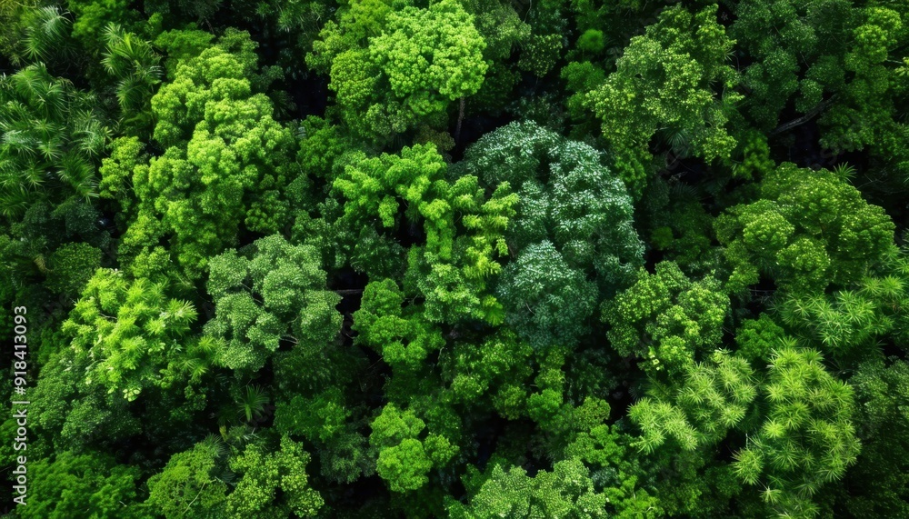 Aerial view of lush green forest canopy showcasing diverse tree species in a tropical environment during daylight Aerial view of lush green forest canopy showcasing diverse tree species in a tropical environment during daylight