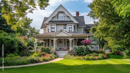 Classic Victorian house with a charming front yard and ample text space photo