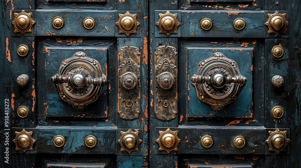 Dark wooden door with antique metal handles Dark wooden door with antique metal handles