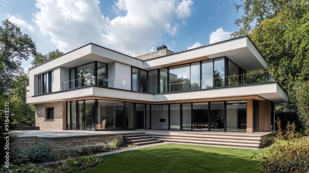 Contemporary suburban house with a clean, geometric design and ample text area Contemporary suburban house with a clean, geometric design and ample text area
