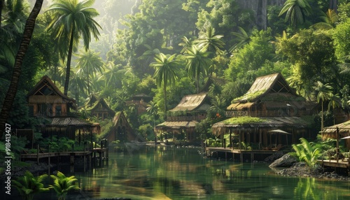 Tranquil river village surrounded by lush greenery in a tropical rainforest during midday light