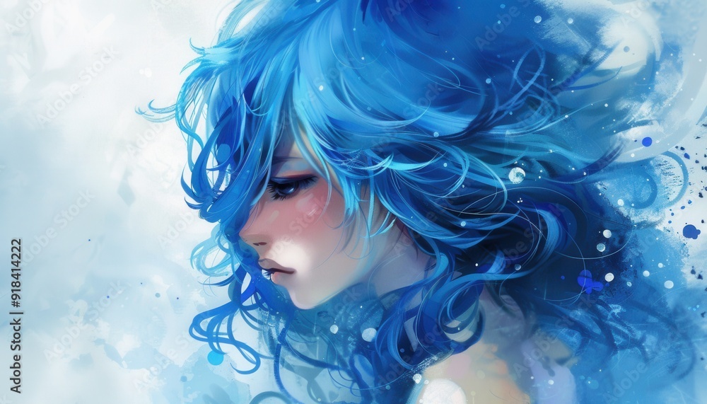 A young woman with flowing blue hair surrounded by a dreamy wash of blue tones in an artistic representation A young woman with flowing blue hair surrounded by a dreamy wash of blue tones in an artistic representation