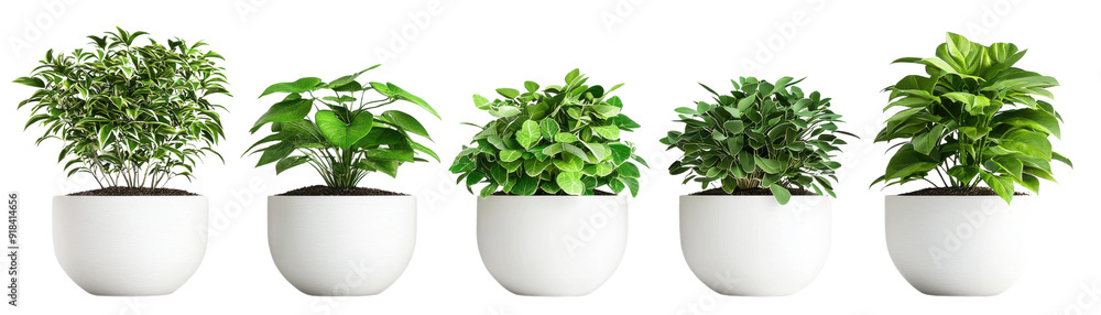 A row of five vibrant green indoor plants in white pots with different leaf shapes, perfect for home decor and bringing nature indoors. A row of five vibrant green indoor plants in white pots with different leaf shapes, perfect for home decor and bringing nature indoors.
