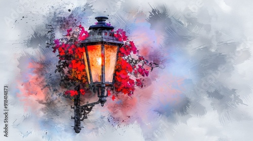 street lamp with flowers in pot hanging on the wall