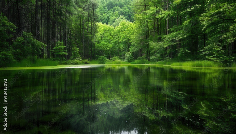 Tranquil forest reflection at a serene lake in the early morning light Tranquil forest reflection at a serene lake in the early morning light