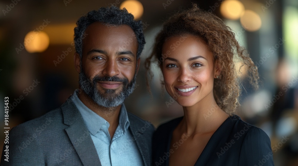 A man and a woman are smiling for the camera A man and a woman are smiling for the camera