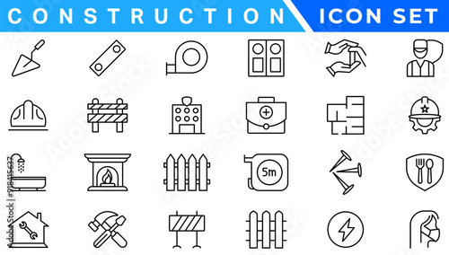 construction icon element set. Containing crane, building, land, excavator, maintenance, contractor, worker, architecture and more. Solid icons vector collection.