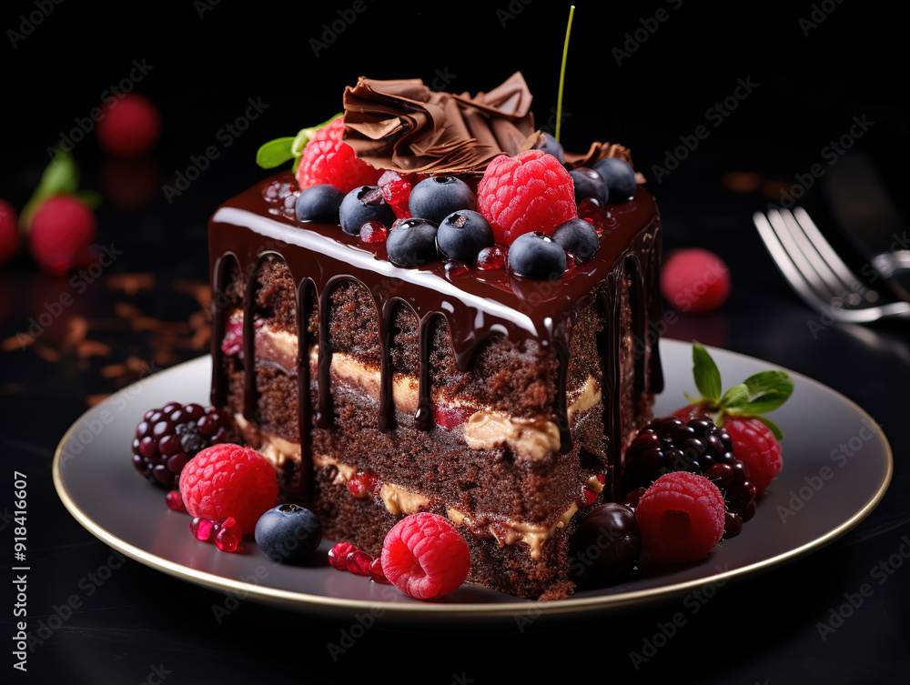 A cake with chocolate icing and blueberries and a splash of blueberries A cake with chocolate icing and blueberries and a splash of blueberries