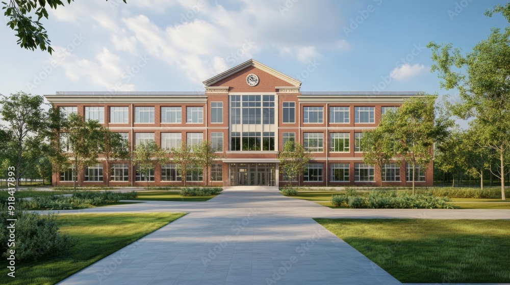 View of architecture of American school building exterior concept View of architecture of American school building exterior concept